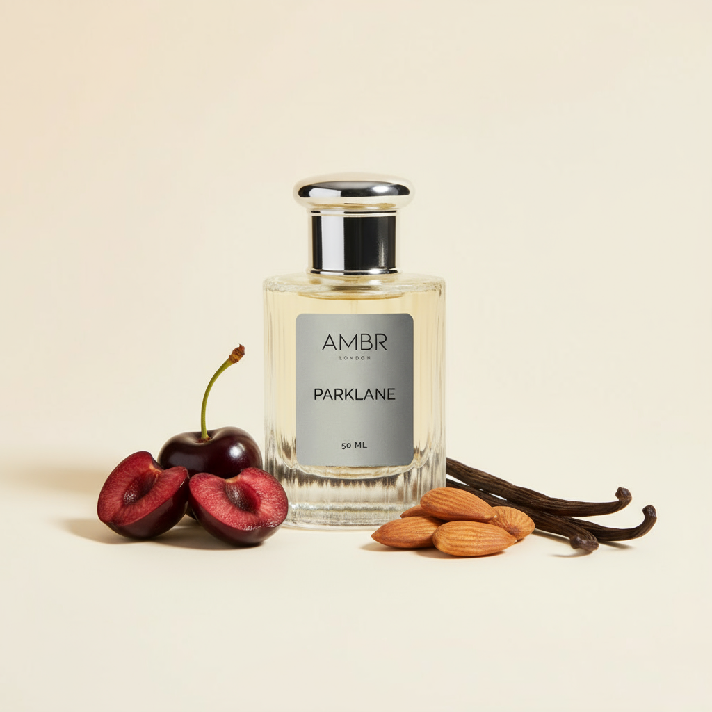 park lane dupe perfume showcasing the ingredients of cherry, almonds