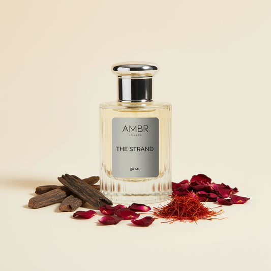 The Strand, our Ombre Nomade dupe perfume, displayed with note ingredients showcased